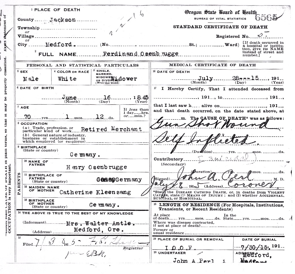 Ferdinand Osenbrugge death certificate, July 28, 1915